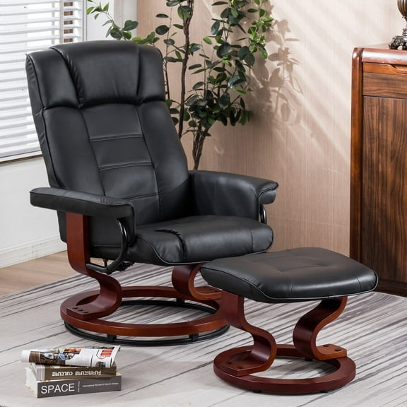 MCombo Swivel Recliner Chair with Wood Base and Ottoman, Faux Leather