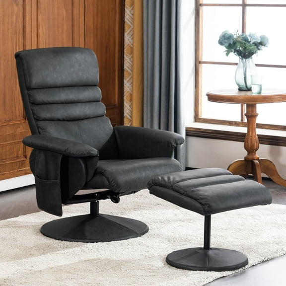 MCombo 360 Swivel Massage Recliner Chair with Ottoman for Living Room, Faux Leather, Dark Grey