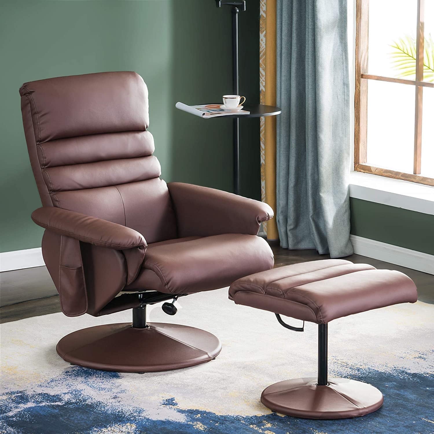 MCombo 360 Swivel Massage Recliner Chair with Ottoman for Living Room, Faux Leather, Brown