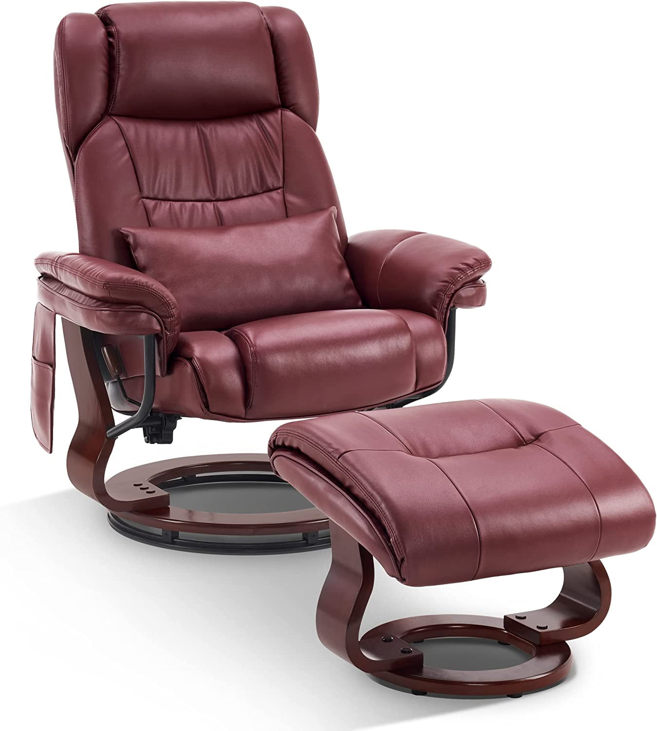 Burgundy Faux Leather Swivel Recliner with Massage Ottoman
