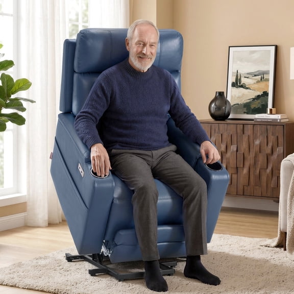 MCombo Tall Man Lift Chair up to 6'6'', Infinite Position Dual Motor Power Lift Recliner Chair for Elderly, Faux Leather, Blue