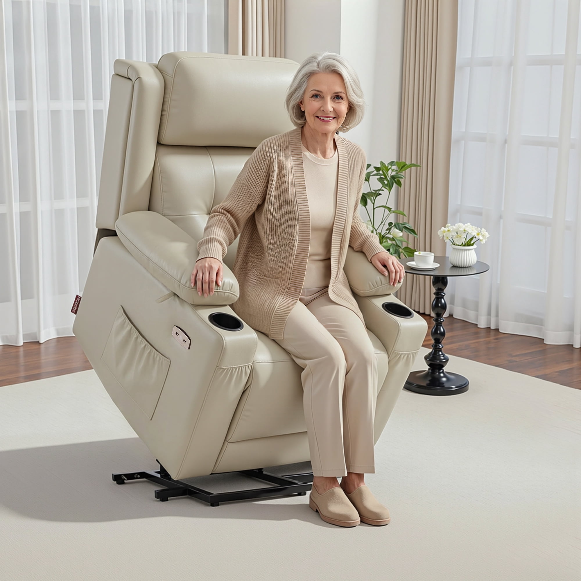 MCombo Triple Motor Power Lift Recliner Chair, Faux Leather(Beige)