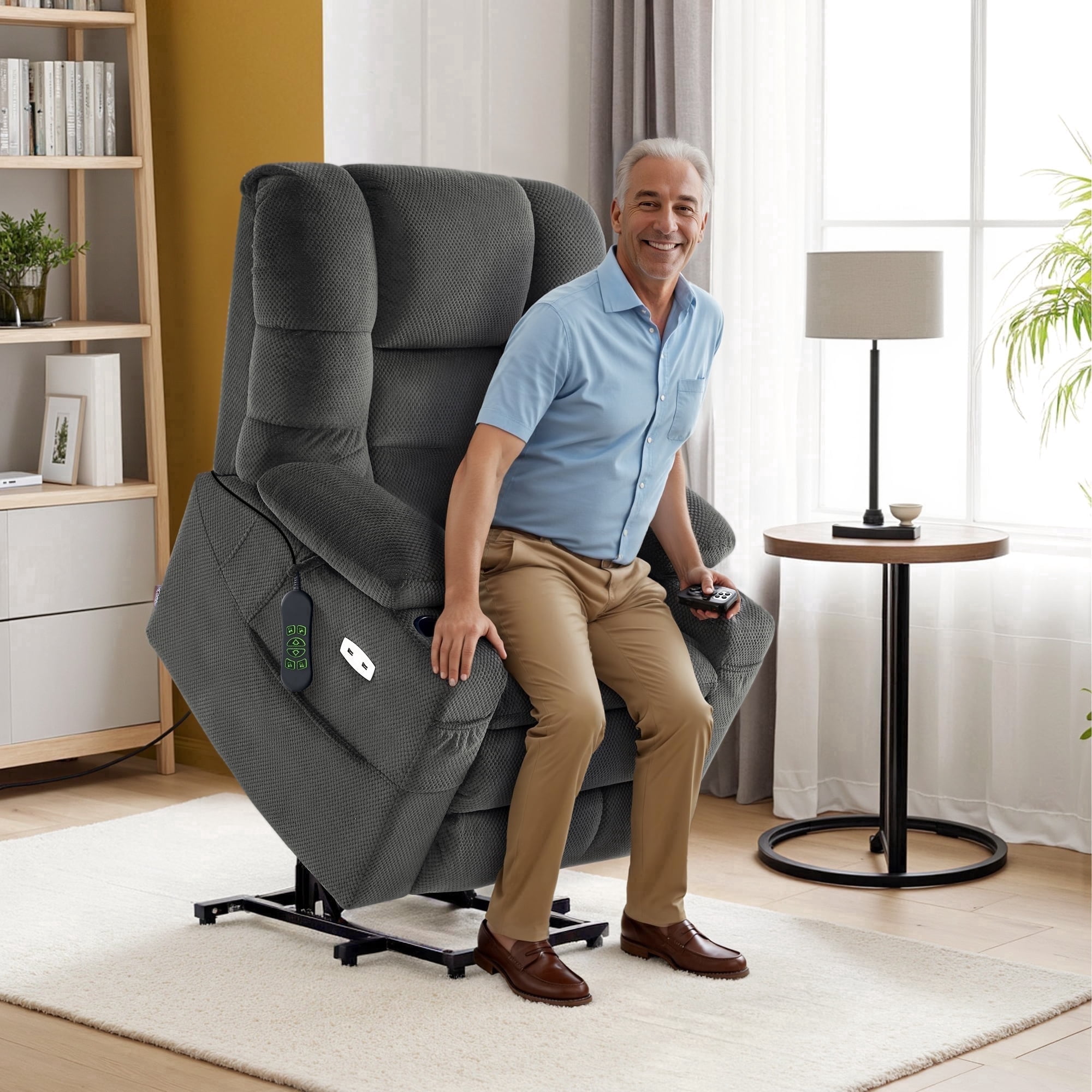 MCombo Triple Motor Power Lift Recliner for Elderly, Sleep Recliner Sofa with Adjustable Headrest, Fabric, Grey