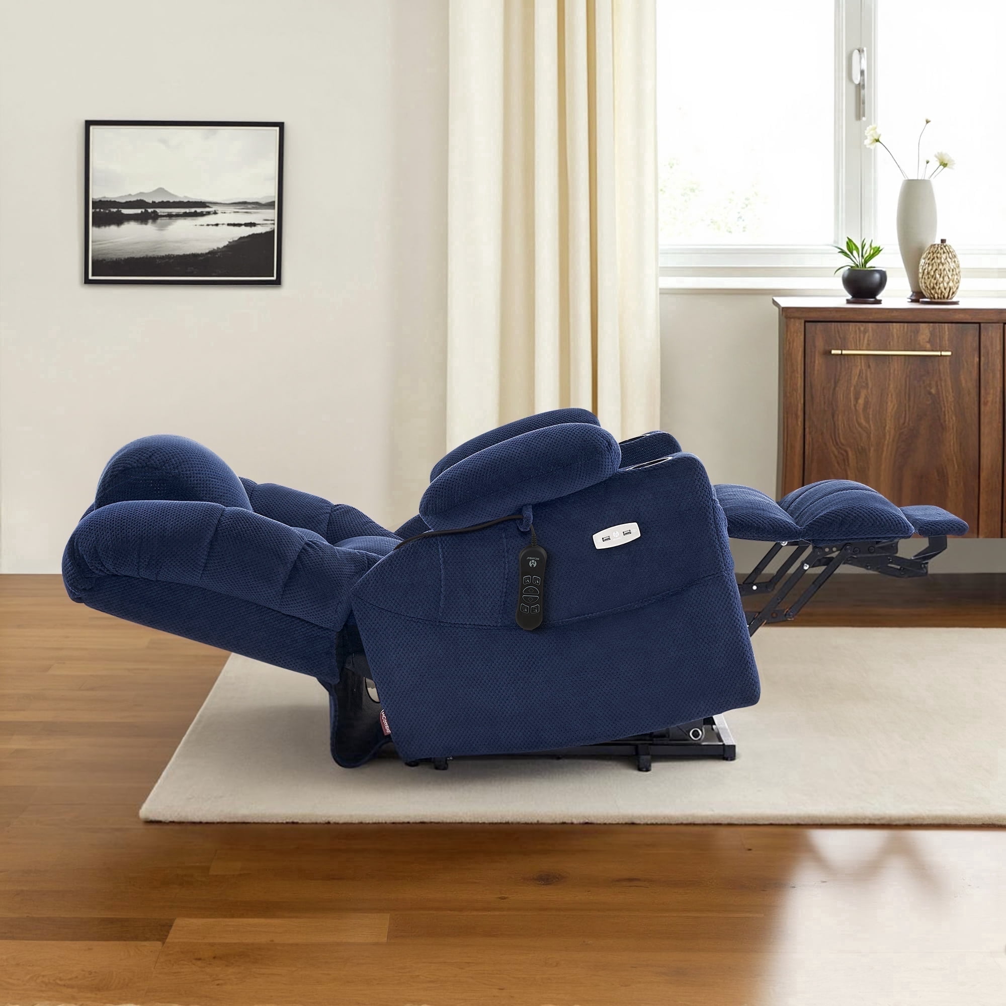 MCombo Triple Motor Power Lift Recliner for Elderly, Sleep Recliner Sofa with Adjustable Headrest, Fabric, Navy Blue