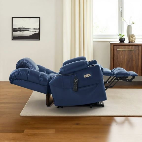 MCombo Triple Motor Power Lift Recliner for Elderly, Sleep Recliner Sofa with Adjustable Headrest, Faux Leather, Blue