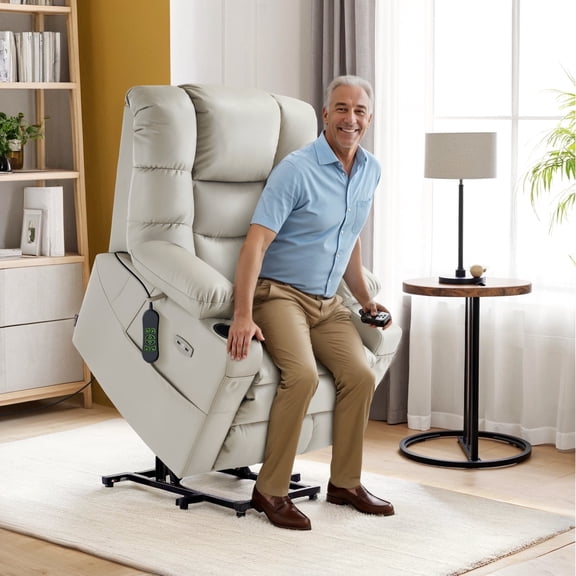 MCombo Triple Motor Power Lift Recliner for Elderly, Sleep Recliner Sofa with Adjustable Headrest, Faux Leather, Light Grey