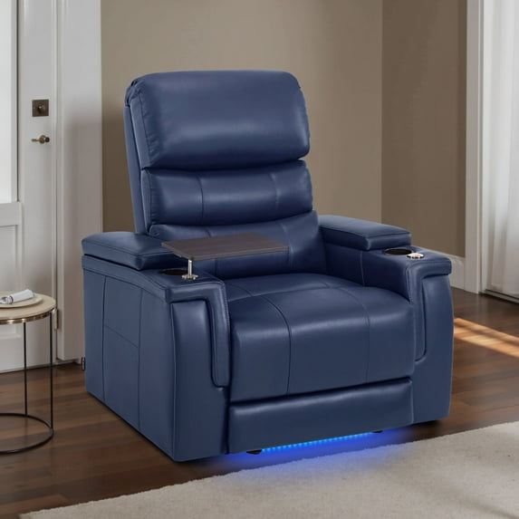 MCombo Triple Motors Power Recliner Chair with Power Headrest, Electric Lumbar Support, Home Theater Seating with Armrest Storage, Tray Table, Faux Leather, Blue