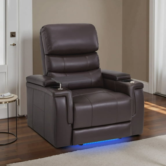 MCombo Triple Motors Power Recliner Chair with Power Headrest, Electric Lumbar Support, Home Theater Seating with Armrest Storage, Tray Table, Faux Leather, Brown