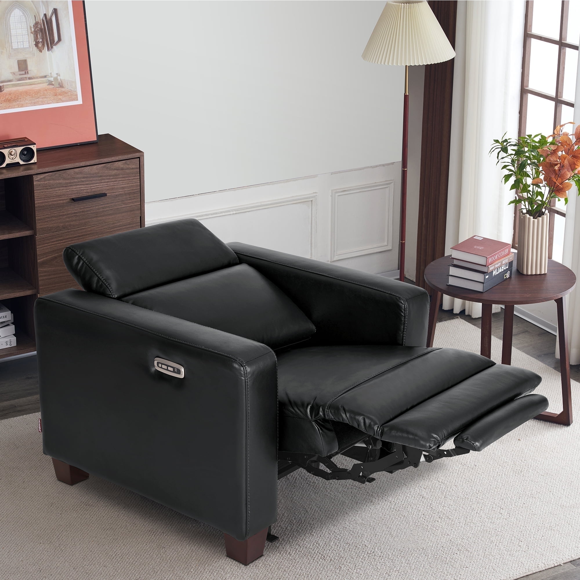 MCombo Wall Hugger High Leg Power Recliner Chair with Adjustable Headrest and USB A/C Charge Ports for Living Room, Office, and Small Spaces (Faux Leather, HL128) (Black)