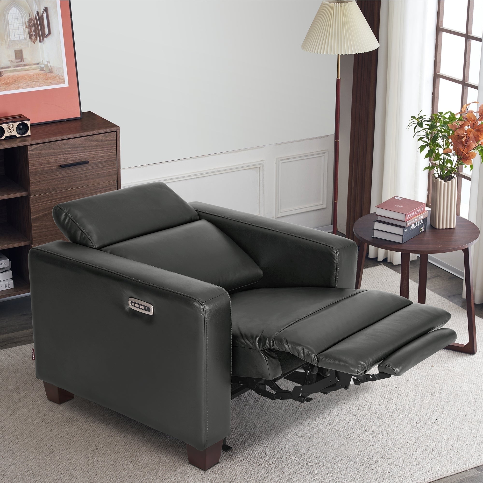 MCombo Wall-Hugger High Leg Power Recliner Chair with Adjustable Headrest and USB&Type C Dual Charge Ports for Living Room, Office, and Small Spaces (Faux Leather, HL128) (Dark Grey)