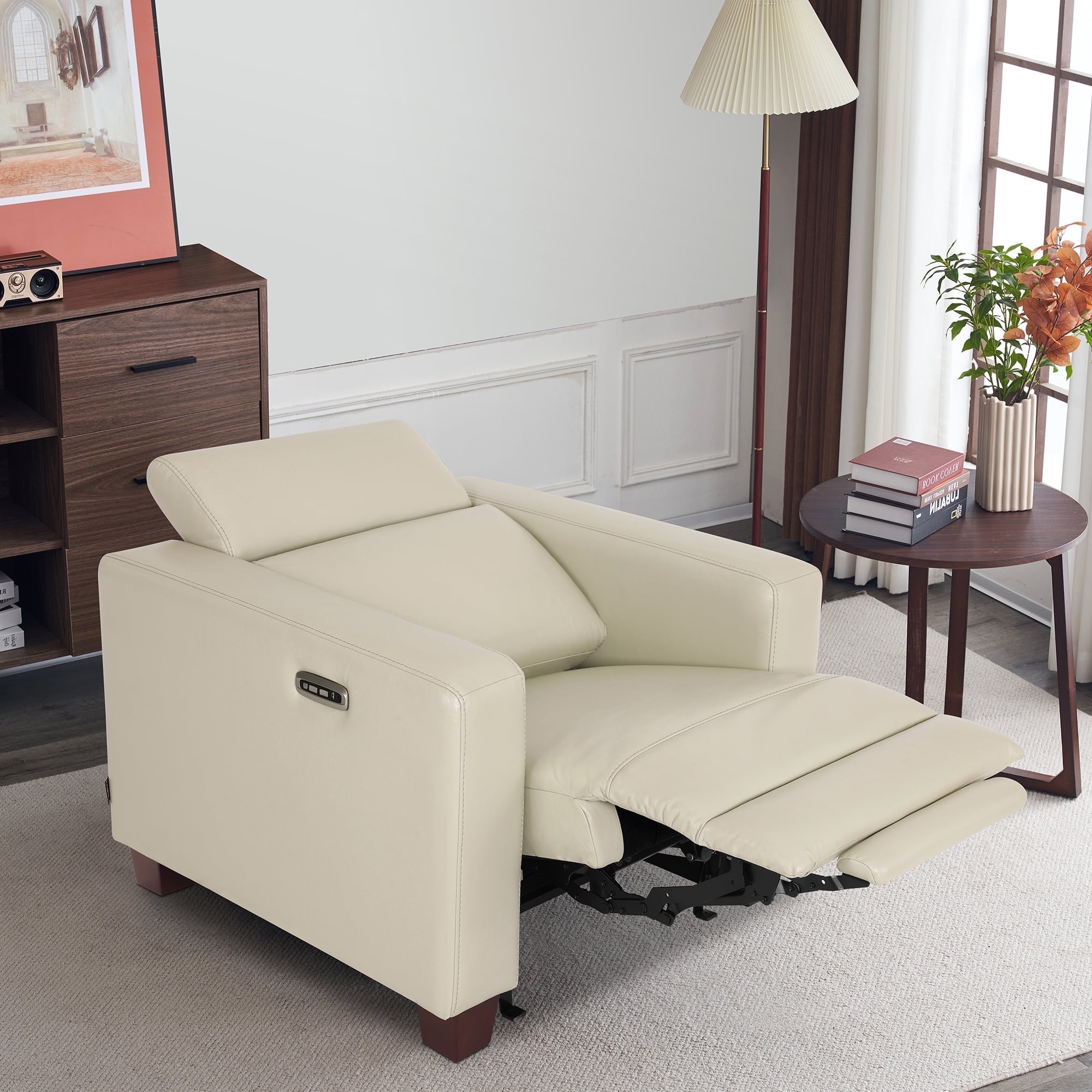 MCombo Wall-Hugger High Leg Power Recliner Chair with Adjustable Headrest and USB&Type C Dual Charge Ports for Living Room, Office, and Small Spaces (Faux Leather, HL128) (Cream White)