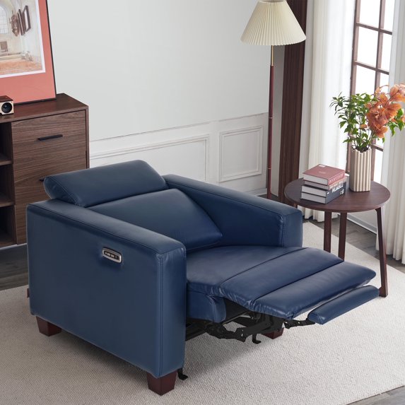MCombo Wall-Hugger High Leg Power Recliner Chair with Adjustable Headrest and USB&Type C Dual Charge Ports for Living Room, Office, and Small Spaces (Faux Leather, HL128) (Blue)
