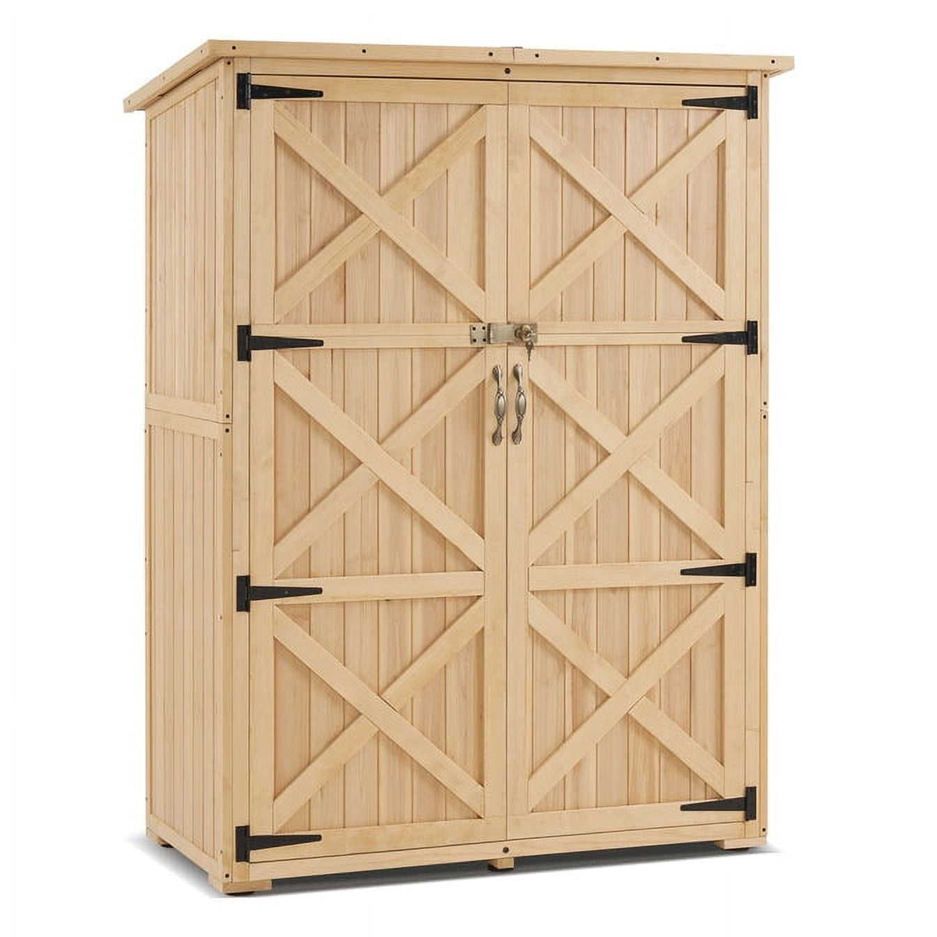 Large Beige Fir Wood Outdoor Storage Cabinet with Shelves