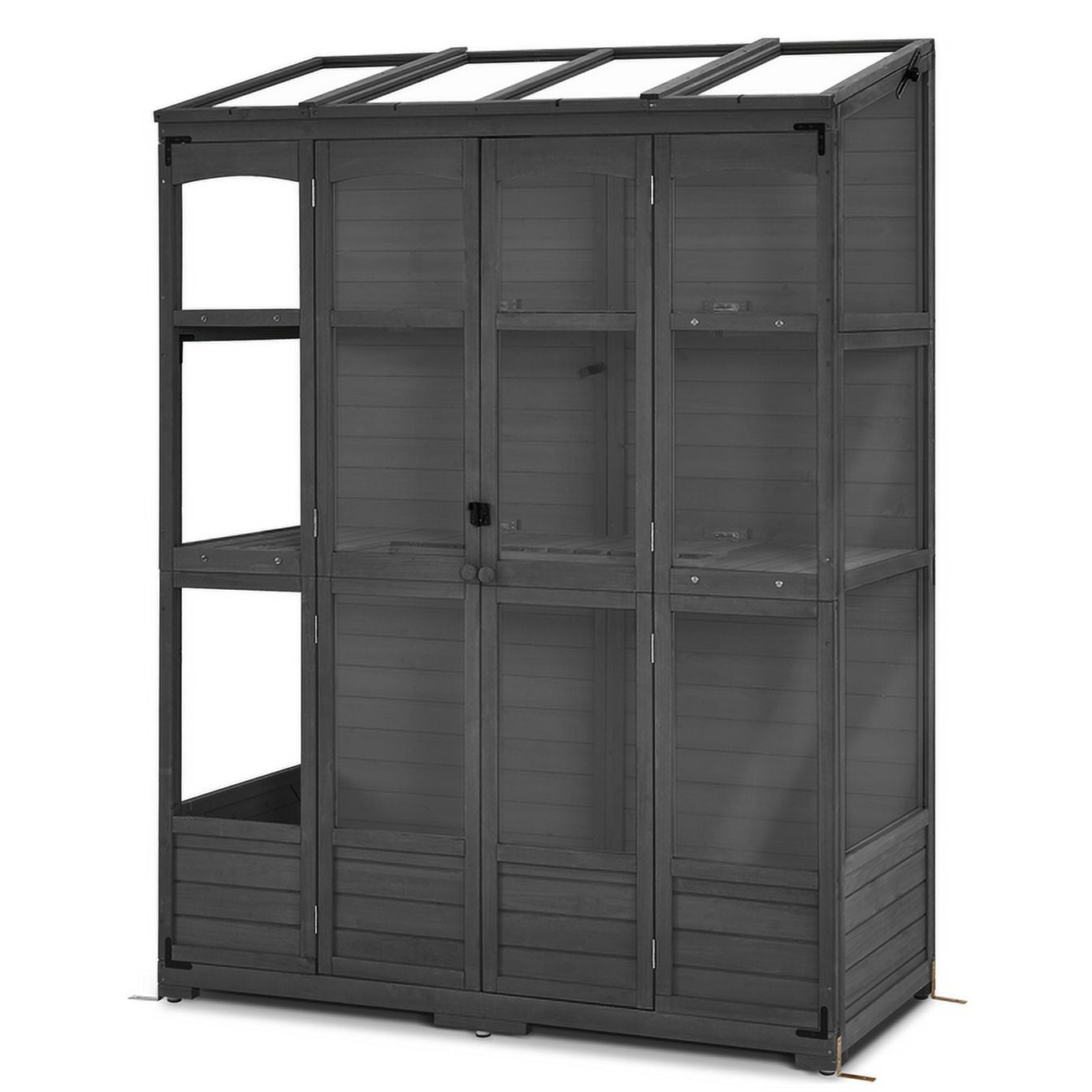 Dark Gray Fir Wood Walk-In Greenhouse with Openable Roof