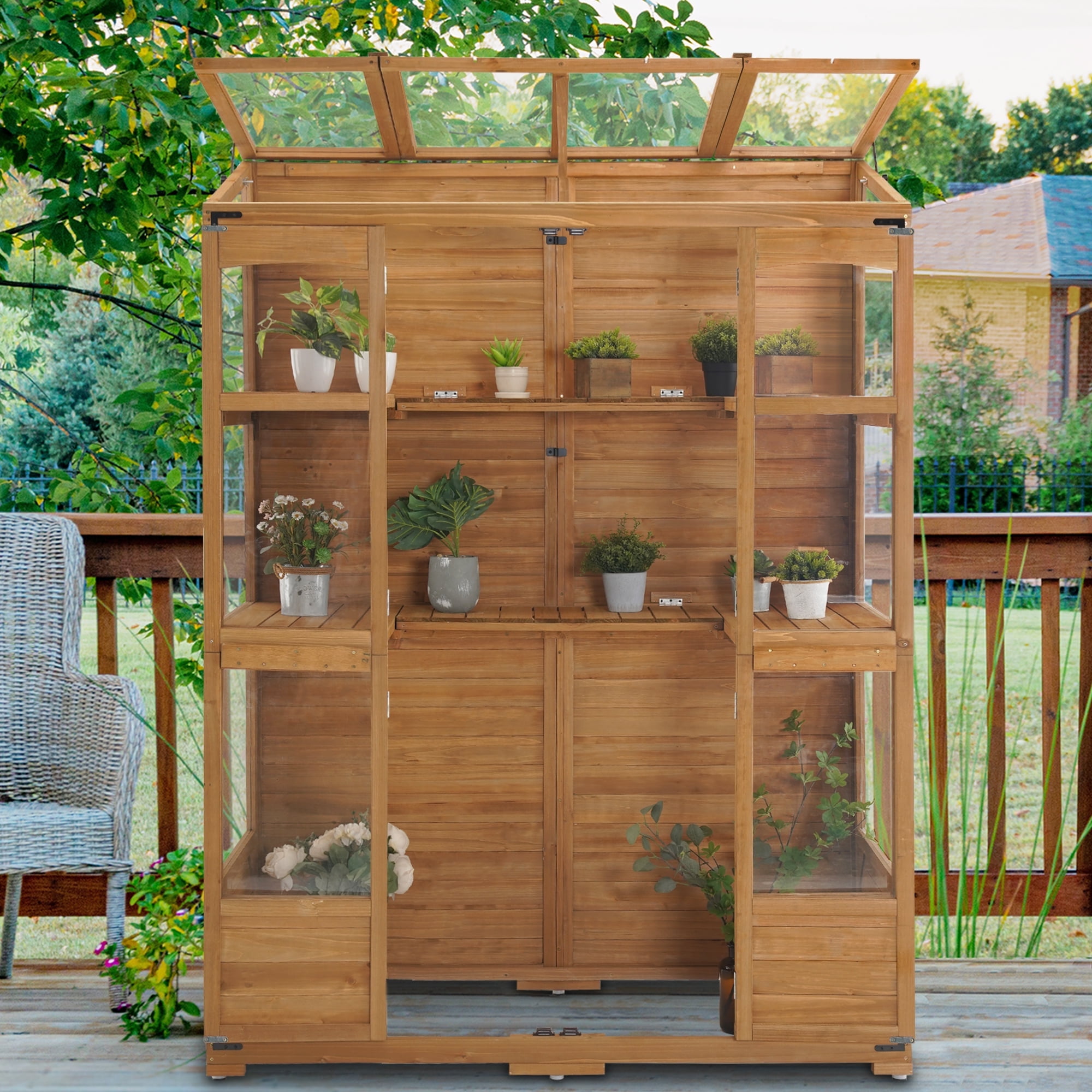 MCombo Wooden Frame Greenhouse with Metal Shelves, Large