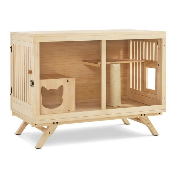 MCombo Wooden Cat House Villa,TV Shape Luxury Cat Shelter with Scratching Post and Escape Door, Wood Cat Condo Indoor for Cats/Kittens CT55