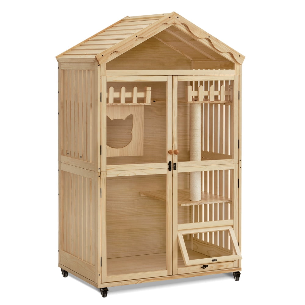 Natural Fir Wood Indoor Cat House with Lockable Doors and Wheels