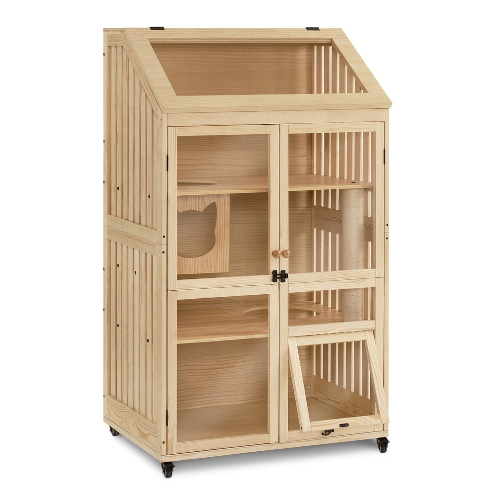 Natural Fir Wood Luxury Multi-Level Cat House with Skylight and Wheels