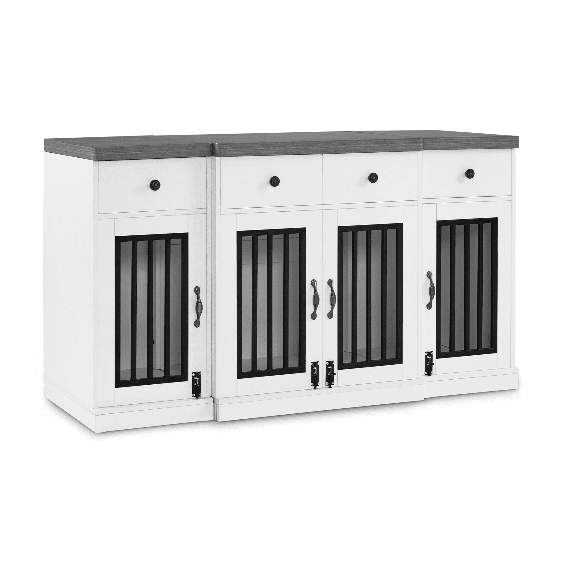 White and Gray Wooden Pet Crate Table with Lockable Doors