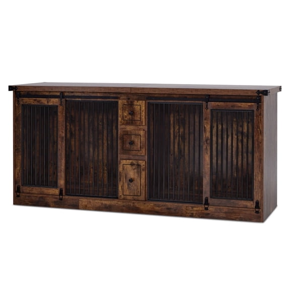 MCombo Wooden Dog Crate Furniture for 2 Dogs, 76 inches Length Indoor Dog Kennel with 3 Drawers, GC90