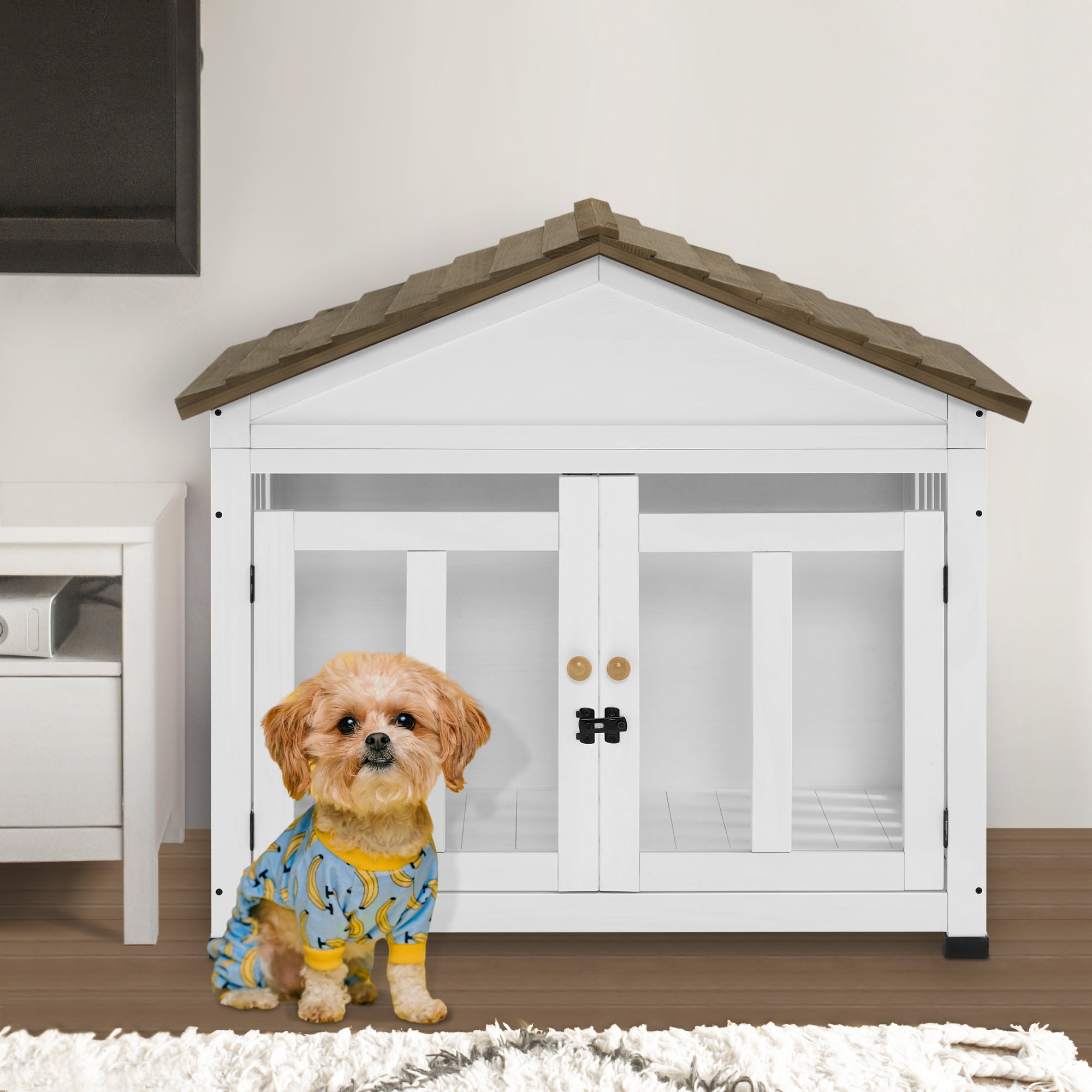 Medium White and Brown Wooden Dog House Furniture