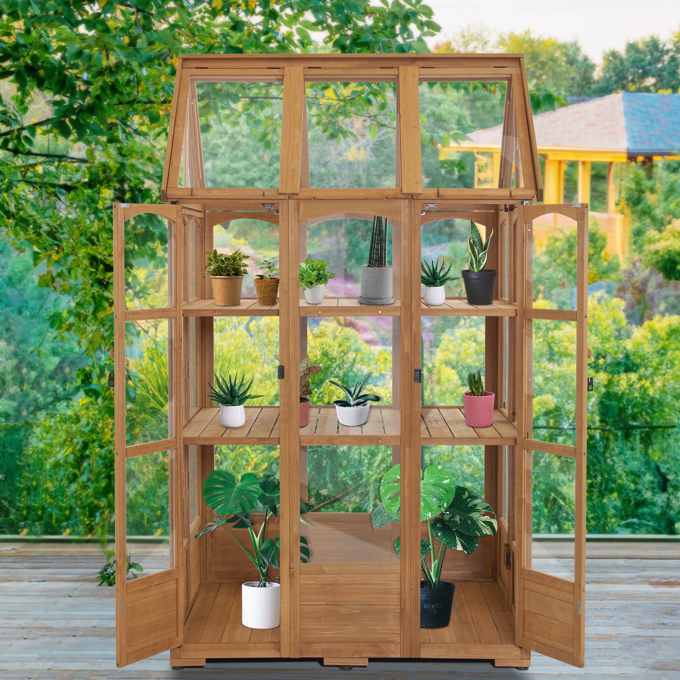 MCombo 48" x 38.8" x 83.9" Wooden Greenhouse with Adjustable Roof Vent and 8 Lockable Door for Backyard Outdoor Use,