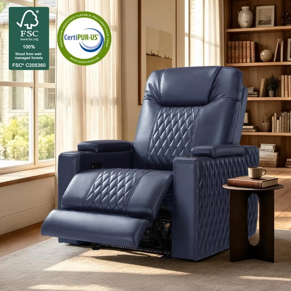 MCombo Zero Gravity Oversized Power Recliner, Home Theater Seating with Power Headrest, LED Light & Hidden Armrest Storage, Faux Leather, Blue