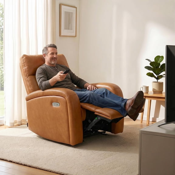 MCombo Zero Wall Hugger Power Recliner Chair for Small Space, Living Room, RV, Cognac Brown