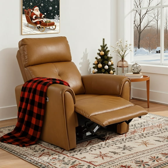 MCombo Zero Wall Hugger Power Recliner Chair for Small Spaces, FSC Certified, Faux Leather, Cognac Brown