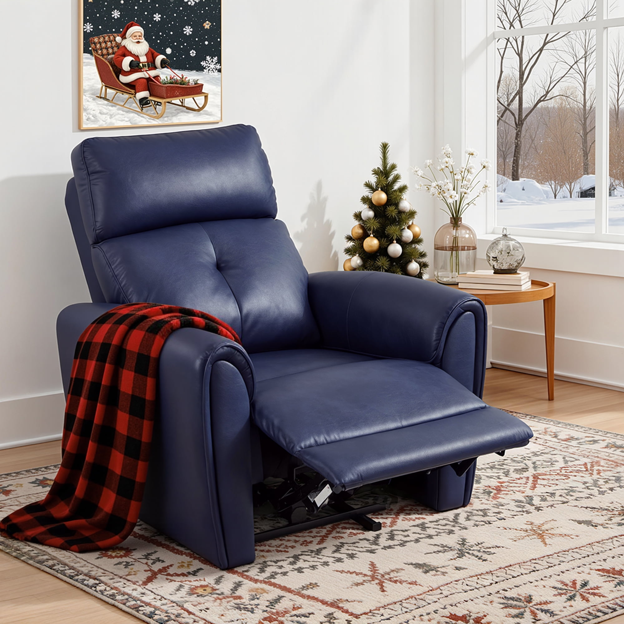 MCombo Zero Wall Hugger Power Recliner Chair for Small Spaces, FSC Certified, Faux Leather, Navy Blue