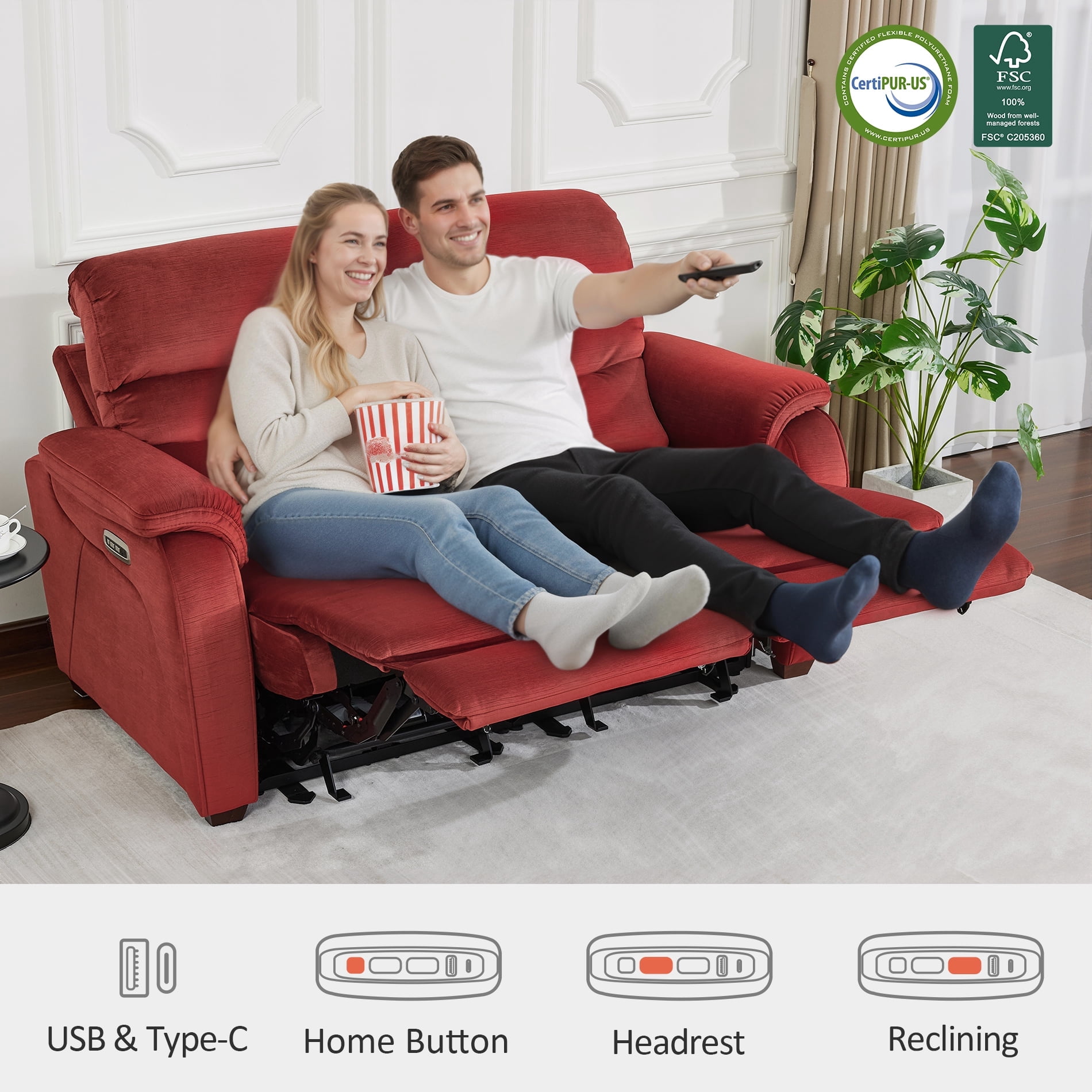 MCombo Zero Wall Hugger Power Recliner Loveseat for Living Room, RVs, Small Spaces, Fabric, Burgundy
