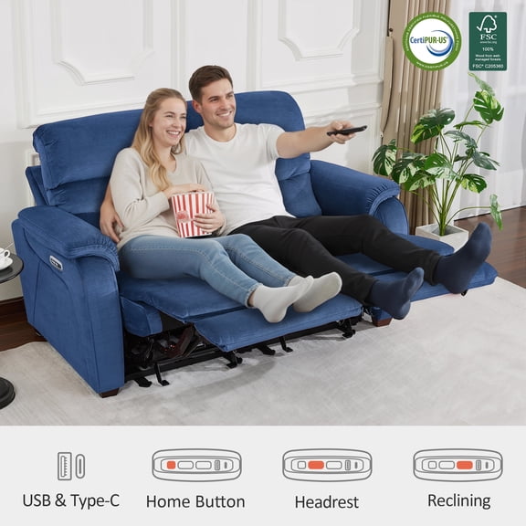 MCombo Zero Wall Hugger Power Recliner Loveseat for Living Room, RVs, Small Spaces, Fabric, Navy Blue