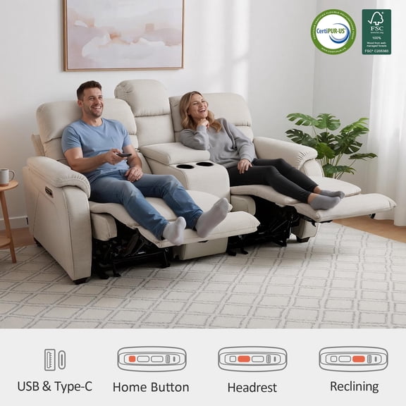 MCombo Zero Wall Hugger Power Recliner Loveseat with Console for Living Room, RVs, Small Spaces, Fabric, Beige