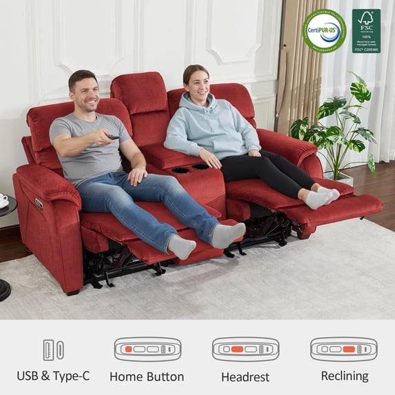 MCombo Zero Wall Hugger Power Recliner Loveseat with Console for Living Room, RVs, Small Spaces, Fabric, Burgundy