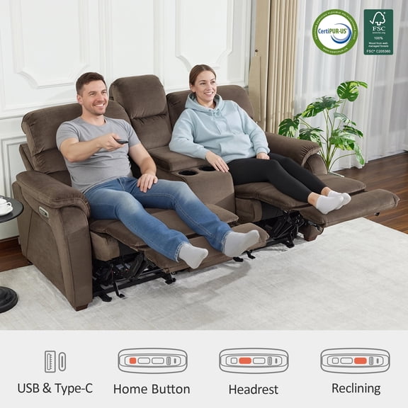 MCombo Zero Wall Hugger Power Recliner Loveseat with Console for Living Room, RVs, Small Spaces, Fabric, Coffee