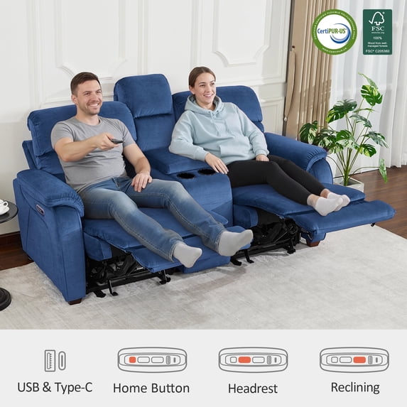 MCombo Zero Wall Hugger Power Recliner Loveseat with Console for Living Room, RVs, Small Spaces, Fabric, Navy Blue