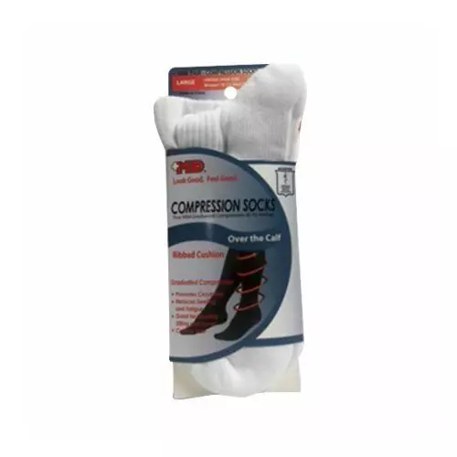 GROSSYGLOW MD Compression Socks Ribbed Cushion Soles Over the Calf White Large Size 1 Pair