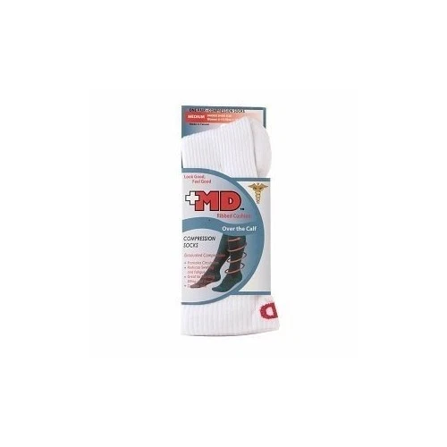 GROSSYGLOW MD Compression Socks Ribbed Cushion Soles Over the Calf White Medium Size 1 Pair
