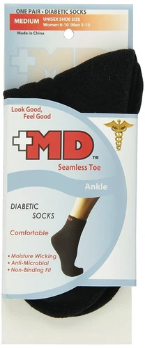 GROSSYGLOW MD Diabetic Ankle Socks Seamless Toe Antimicrobial Comfort Black Medium 1 Pair