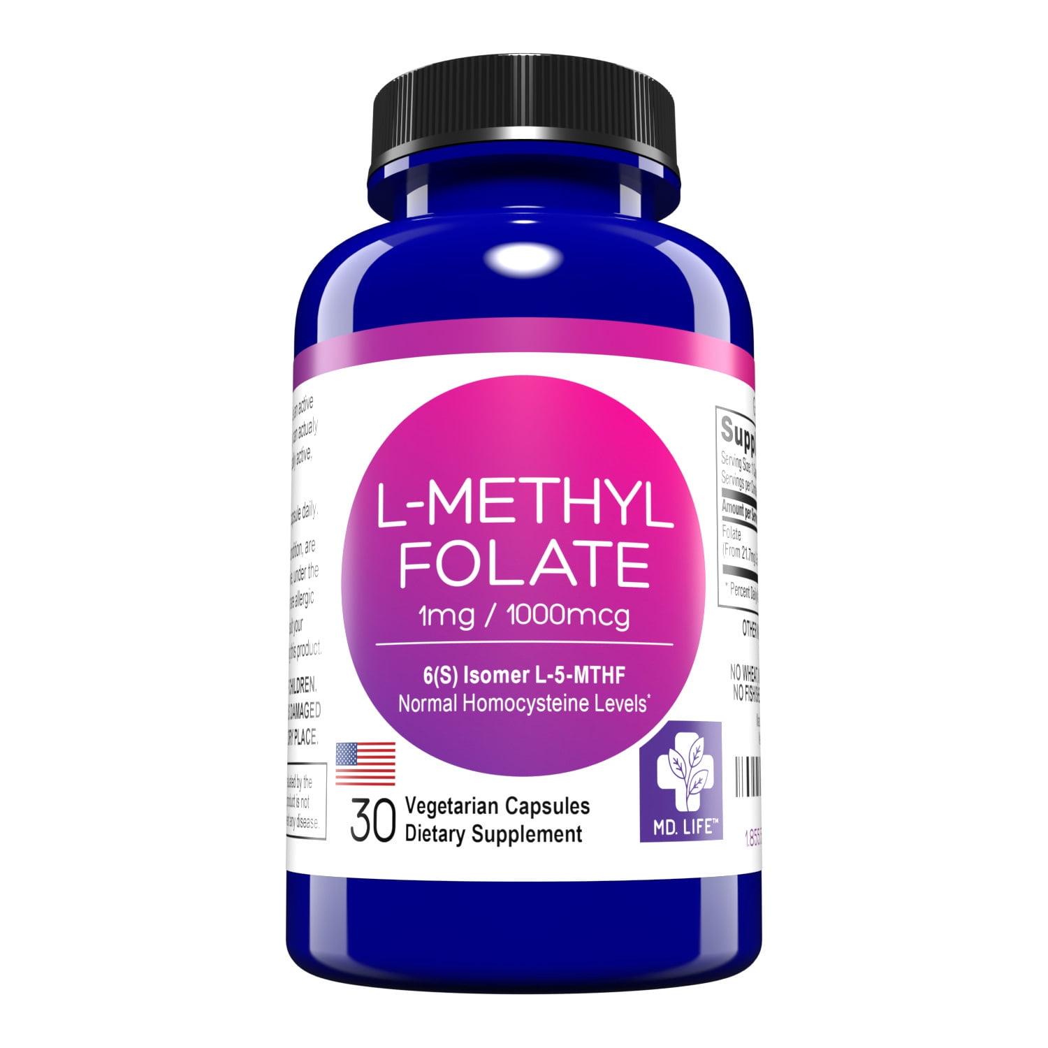 MD. Life L-Methyl Folate|5-MTHF| 1 mg| 30 Capsules Metabolically Active Form of Folic Acid| B Vitamin