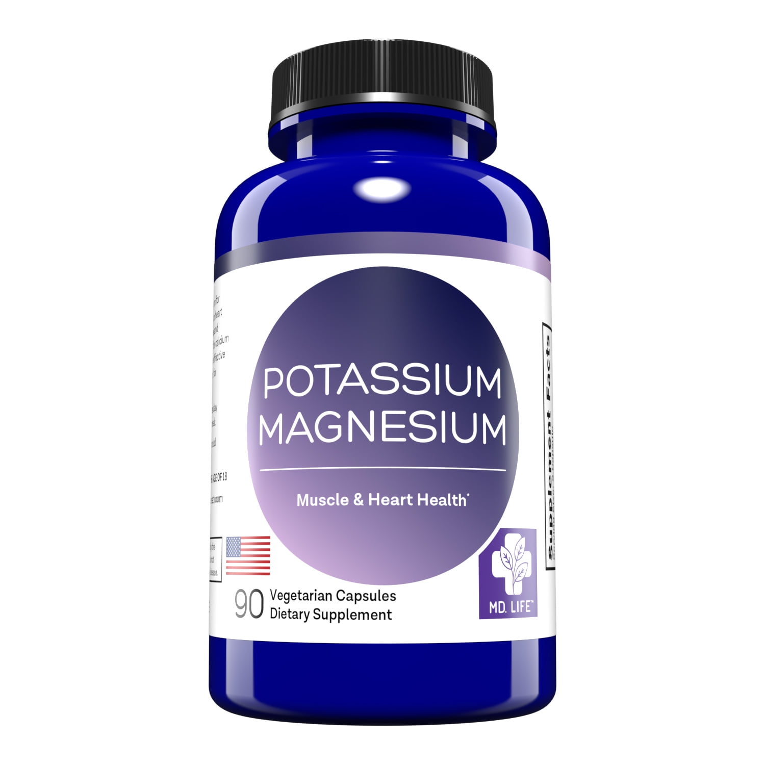 MD. Life Magnesium Potassium Supplement - 90 Capsules - High Absorption Magnesium Complex to Support Vascular Health & Leg Cramp 90ct