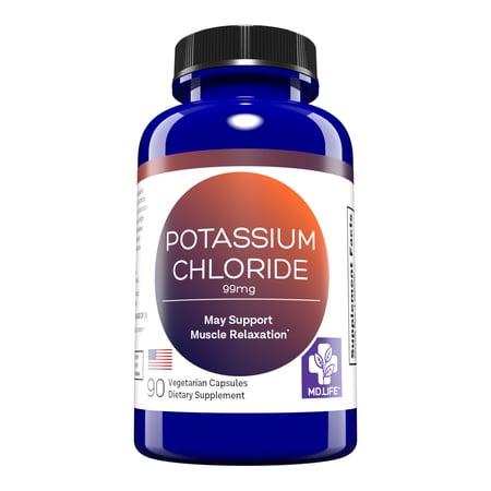 MD Life Potassium Chloride Supplement - Third Party Lab Tested - 99mg 90 Count - Potassium Chloride Capsules May Help Support Muscle Function & Healthy Blood Pressure Vegetarian Potassium Supplement