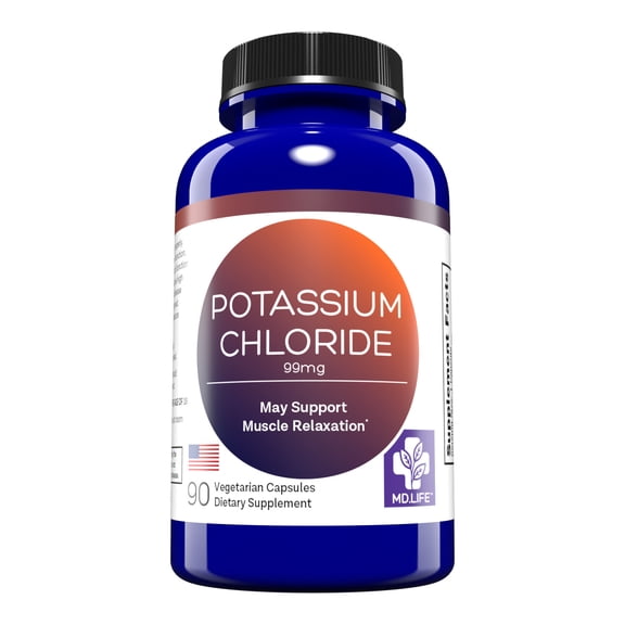 MD Life Potassium Chloride Supplement - Third Party Lab Tested - 99mg 90 Count - Potassium Chloride Capsules May Help Support Muscle Function & Healthy Blood Pressure Vegetarian Potassium Supplement