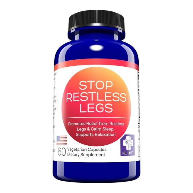 Bottle image representing a supplement for restless leg relief with vitamin D3 and other supportive ingredients