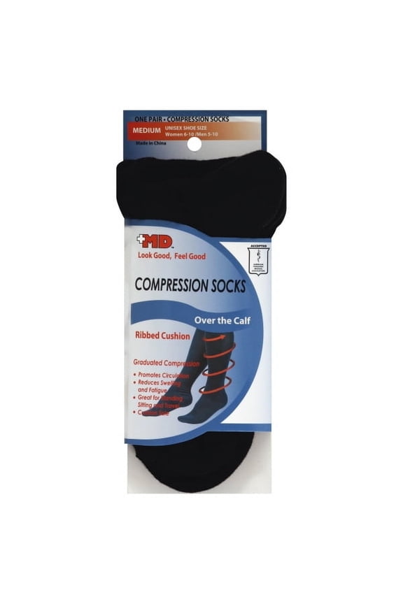 +MD Medium Ribbed Cushion Cotton Black Compression Socks, 1 pair