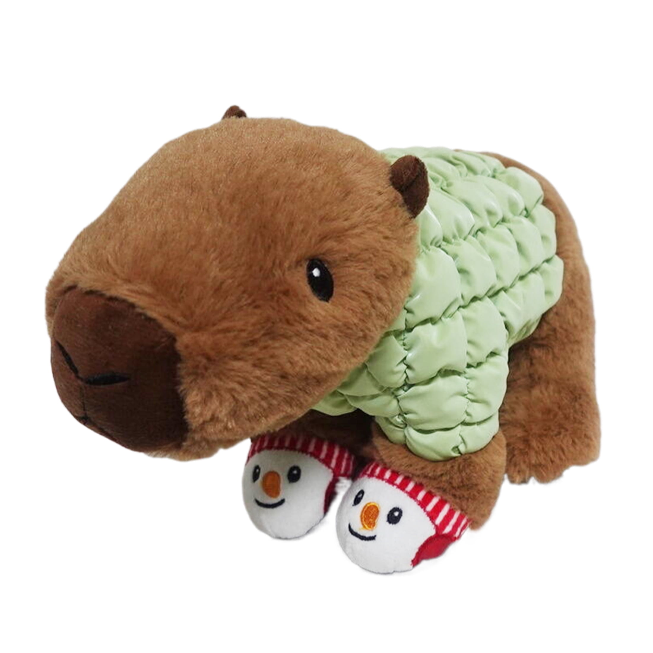 Capybara in Puffy Jacket and Snowman Slippers Christmas Plush, Brown and Green, 11", by Holiday Time