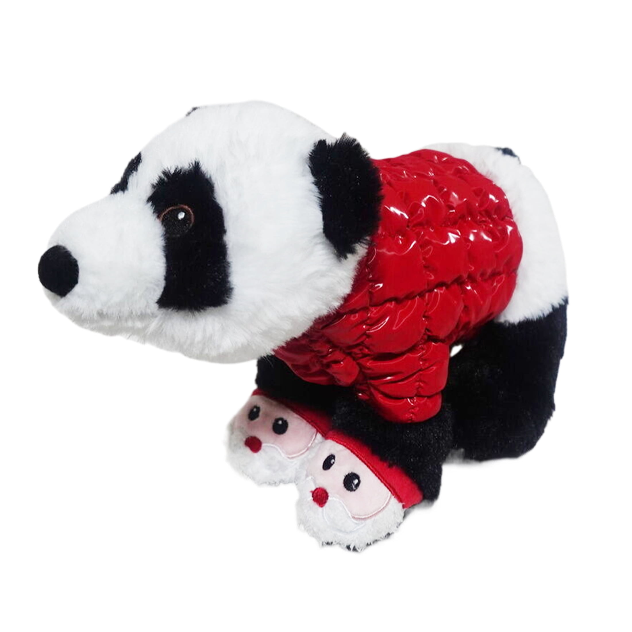 Panda Bear in Puffy Jacket and Santa Slippers Christmas Plush, Black and White, 11", by Holiday Time