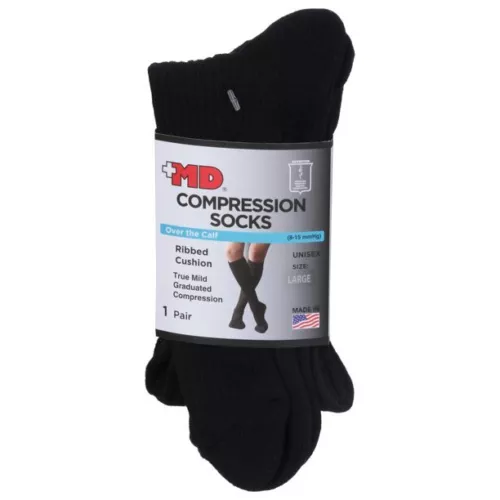 GROSSYGLOW MD Ribbed Cotton Compression Socks w/ Cushion Soles Black Large 1 Pair 2 Pack
