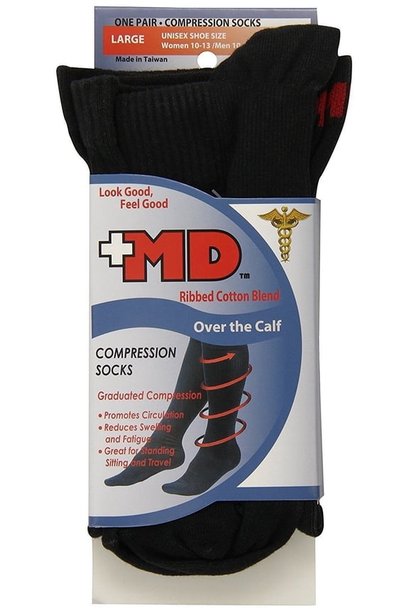 MD Socks Compression Ribbed Cotton Blend Over The Calf, Black, Large, 1ct
