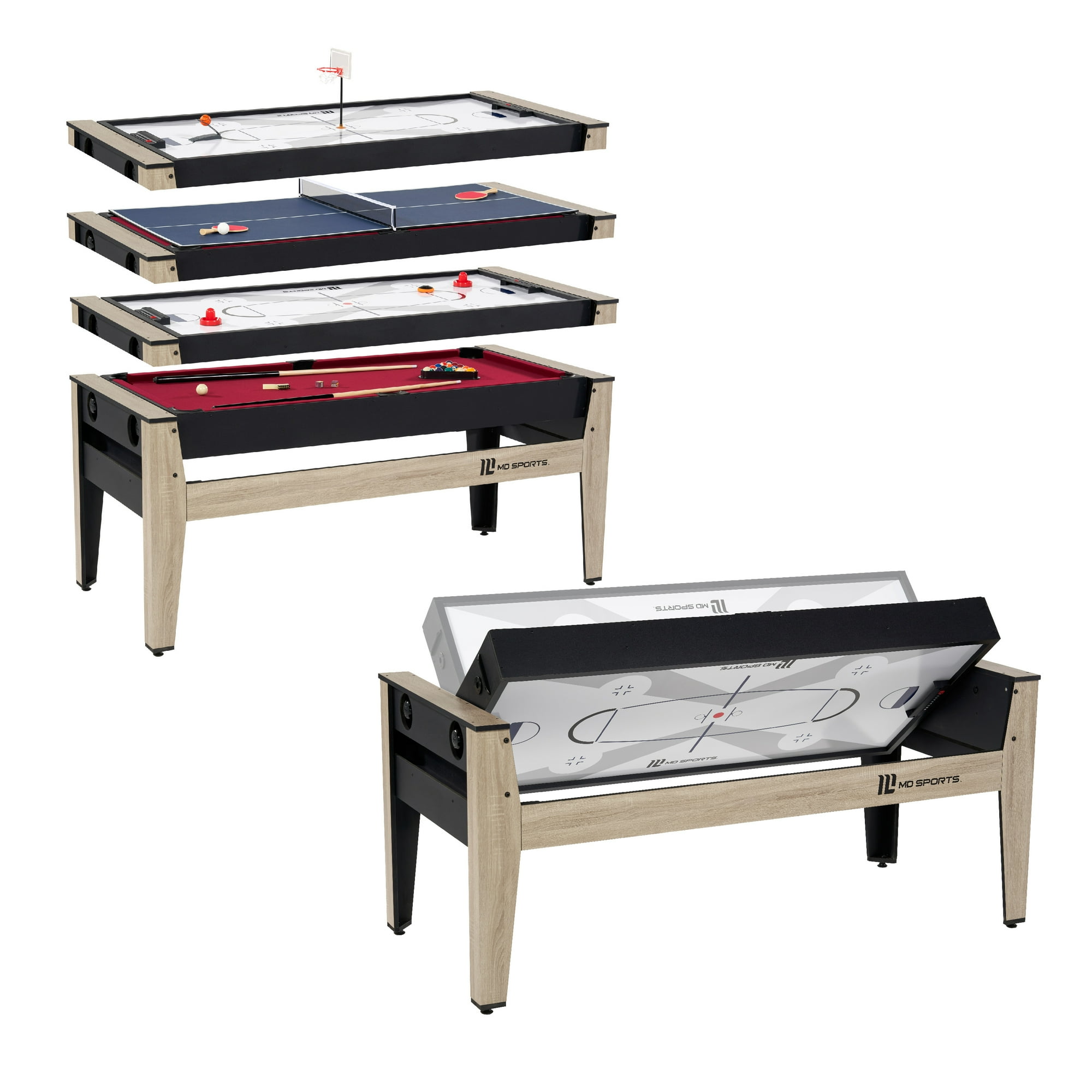 72" 4-in-1 Combo Game, Pool Table, Table Tennis Pong Table, Air Hockey, Basketball, by MD Sports